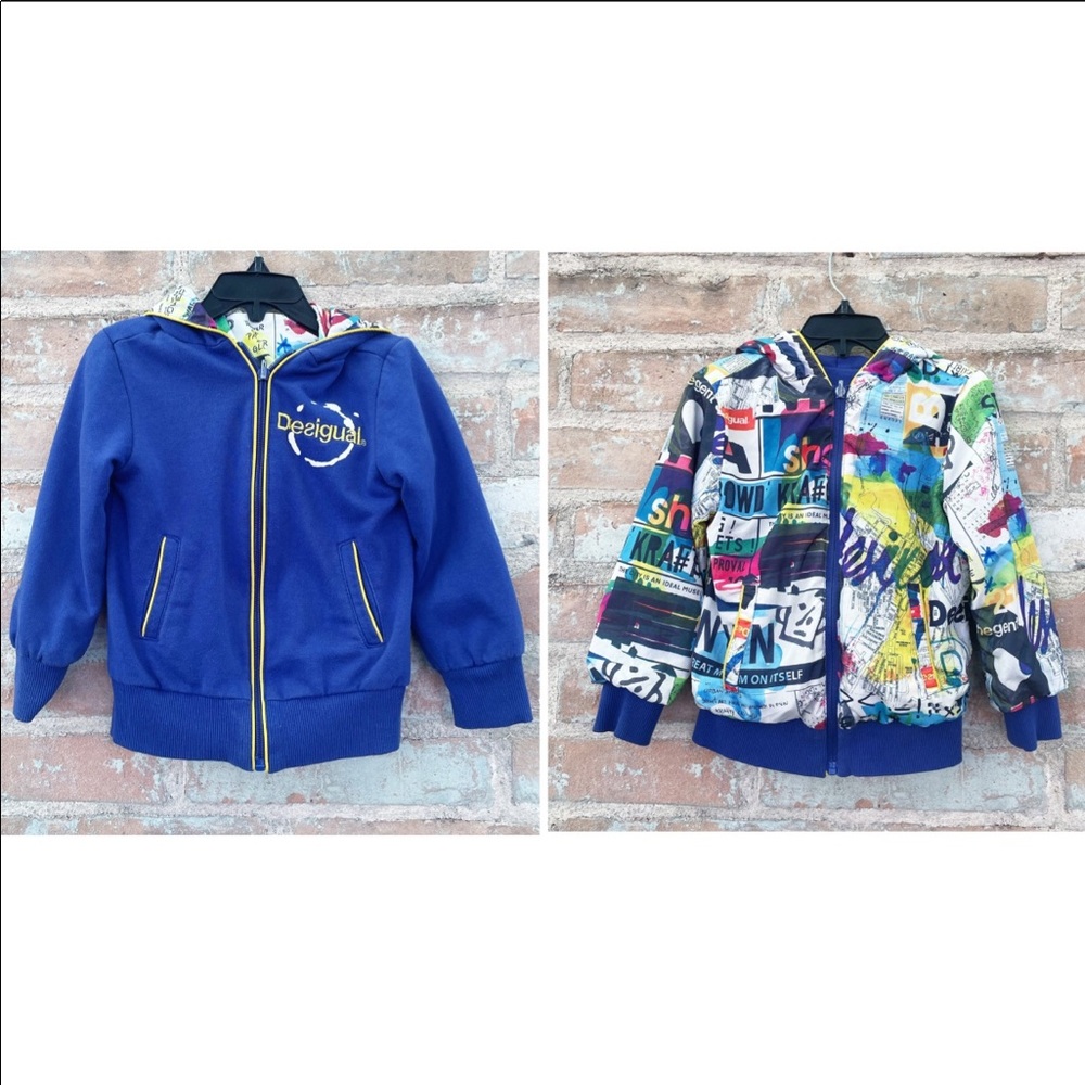 Desigual Reversible Hoodie City Graffiti Kids Boys Coat Jacket Zip Front